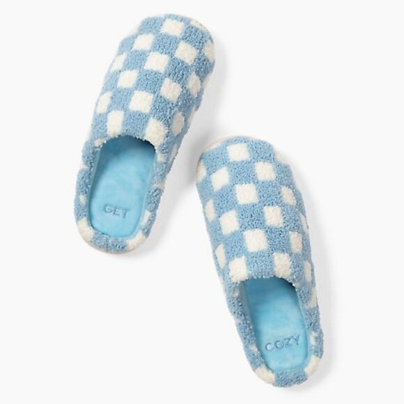 Shoes - Checkered "GET COZY" Slippers in Blue/White, Size 9